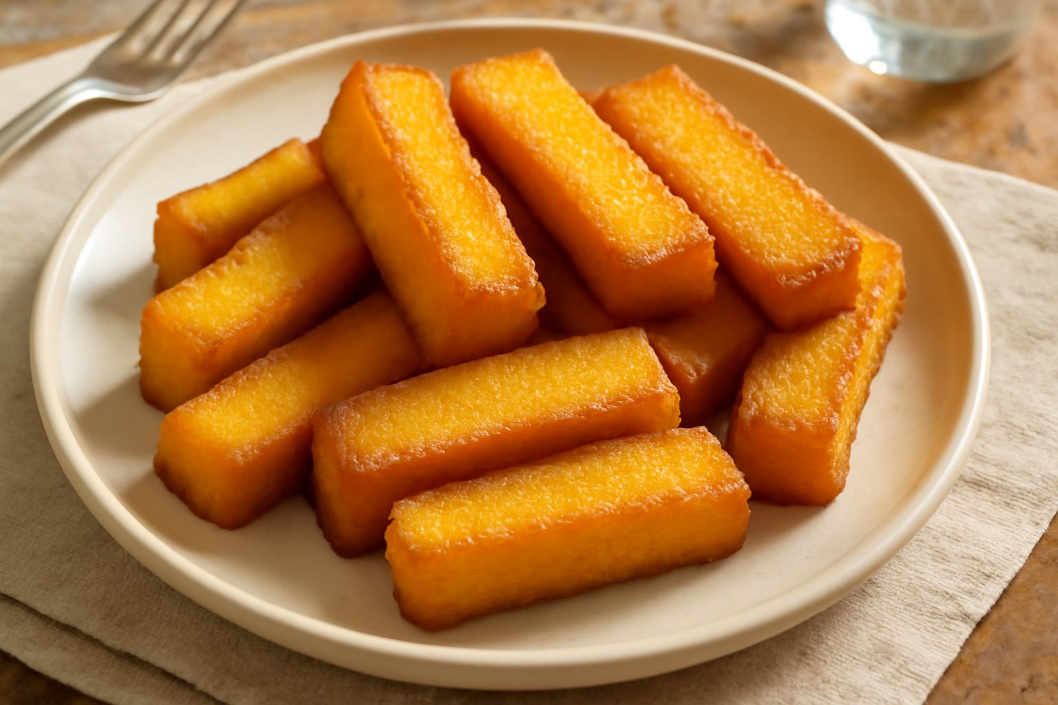 Fette di polenta dorate e croccanti su un piatto bianco, ancora calde, accanto a un bicchiere di vino rosso e salvia fresca sul tavolo di legno