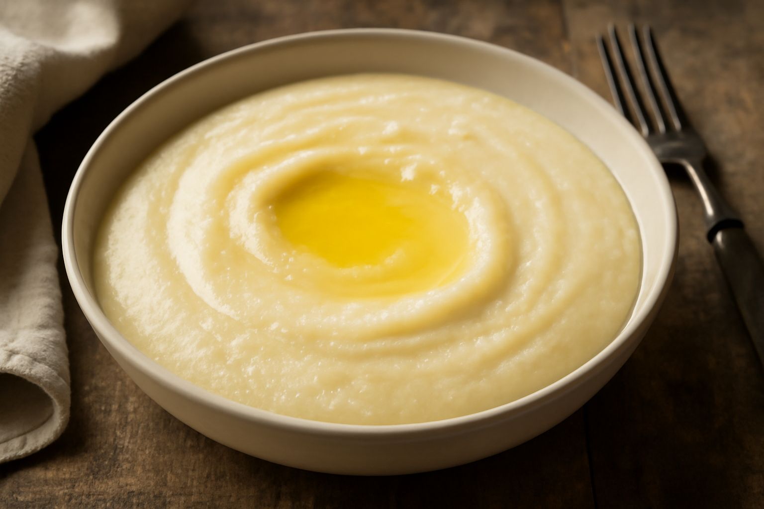 Polenta bianca cremosa in piatto fondo di ceramica bianca, guarnita con burro sciolto e prezzemolo fresco, accanto un mestolo di legno con cucchiaio in acciaio