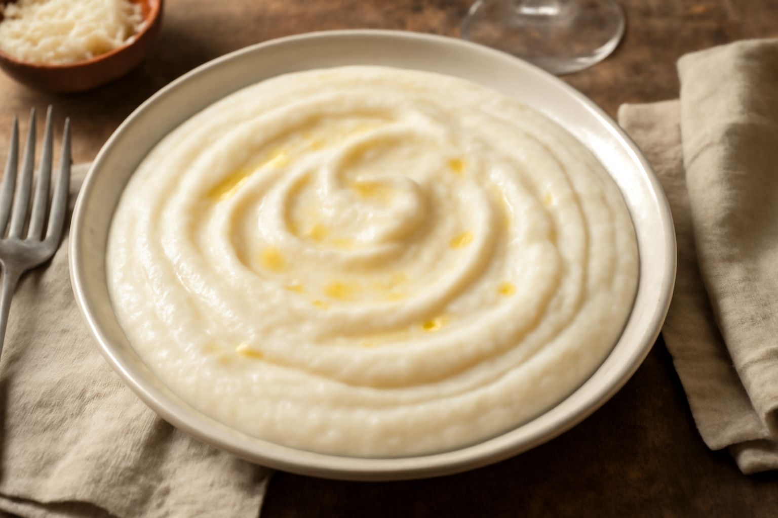 Piatto di polenta bigia cremosa color avorio con riccioli di burro fuso in superficie, servita in una ciotola bianca, contorno di cucchiaio di legno su tavolo grigio