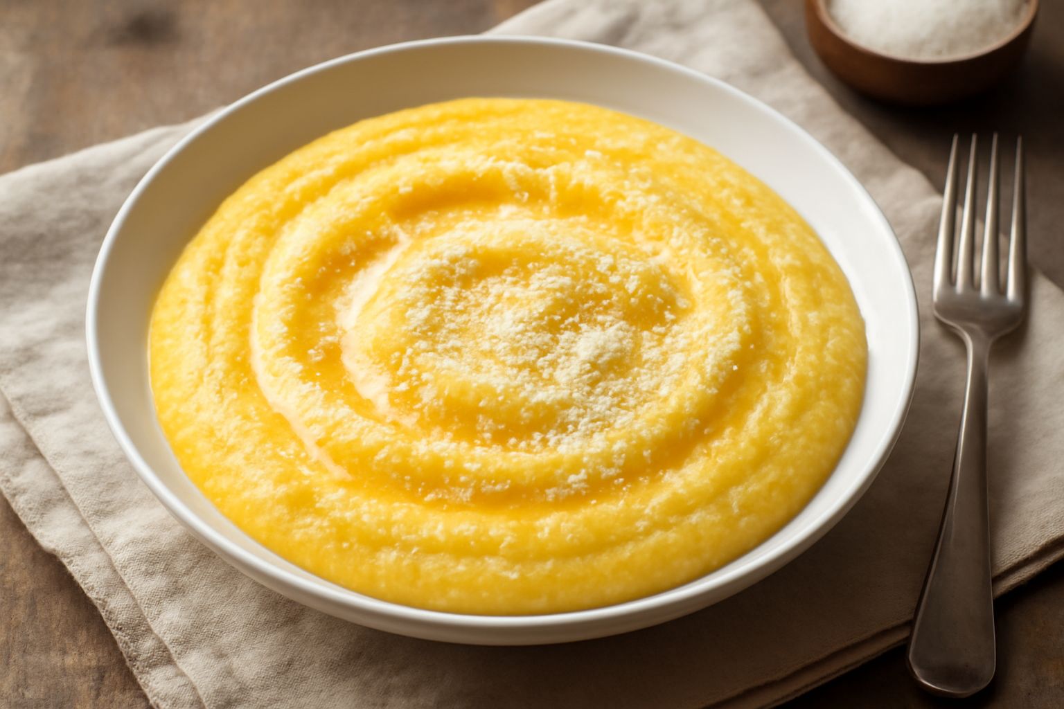 Polenta cremosa color giallo oro in ciotola di ceramica bianca, con mantecatura di burro e formaggio, vapore caldo ancora visibile in superficie
