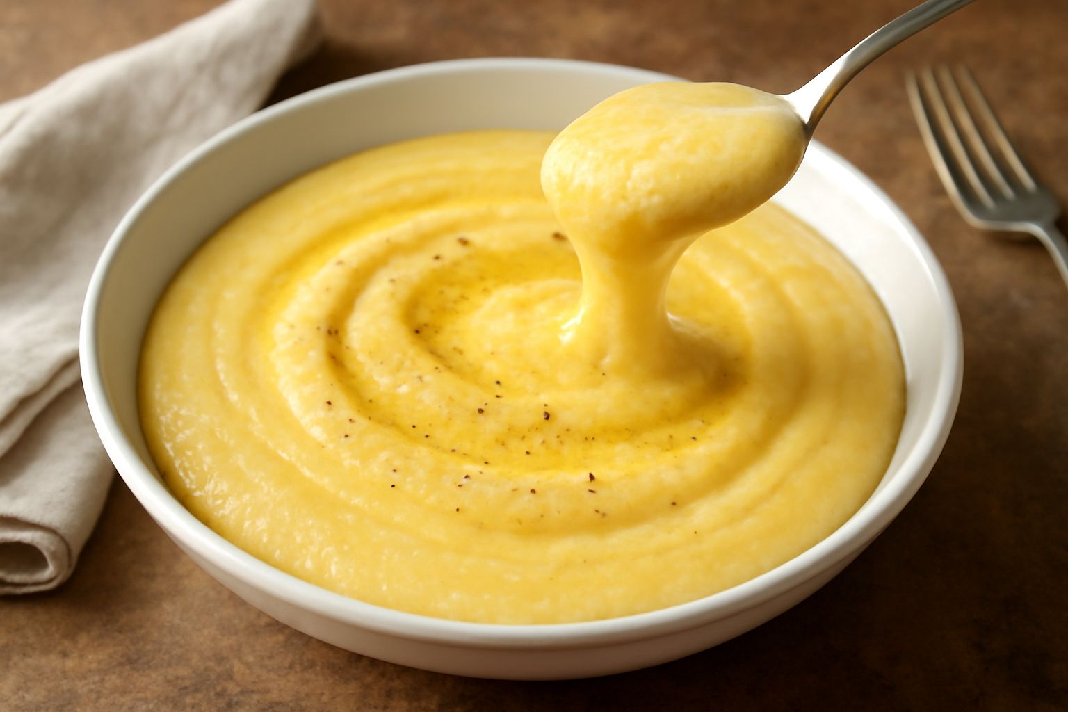 Polenta brusca cremosa di colore giallo dorato in una ciotola bianca, servita calda con una cucchiaiata di burro al centro e pepe nero spolverato in superficie