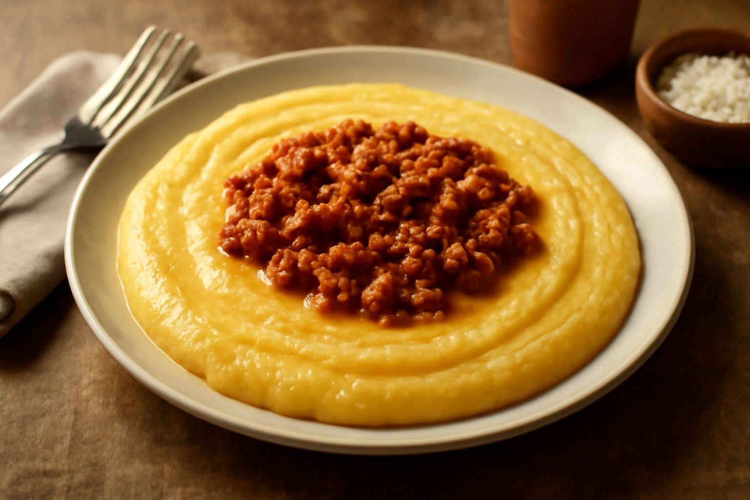 Polenta cocia cremosa gialla in un piatto fondo bianco, condita con burro e formaggio grattugiato, con cucchiaio in legno di lato