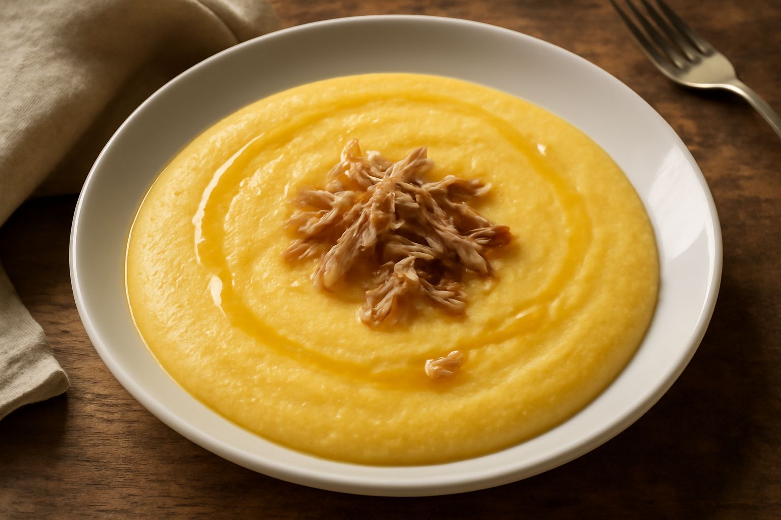 Polenta cremosa giallo oro in piatto bianco, liscia e lucida, servita con filo di olio in superficie, contorno di prezzemolo fresco tritato fine