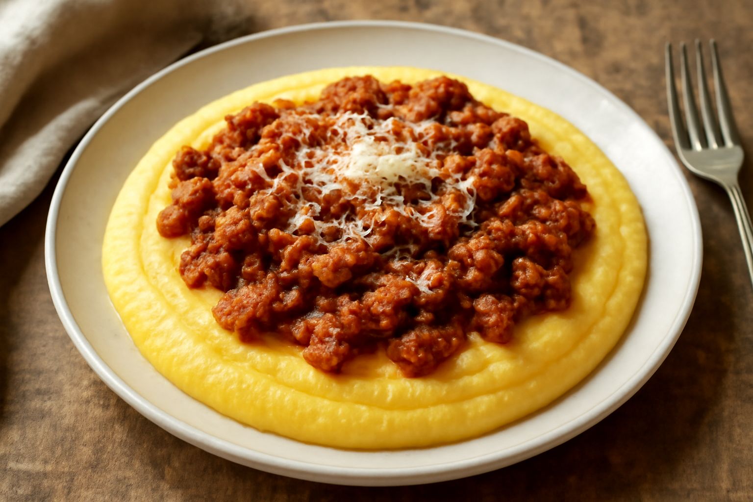 Polenta gialla cremosa versata in un piatto fondo, con ragù di carne marrone scuro sparso in superficie, formaggio grattugiato bianco e un cucchiaio d'argento immerso nel piatto