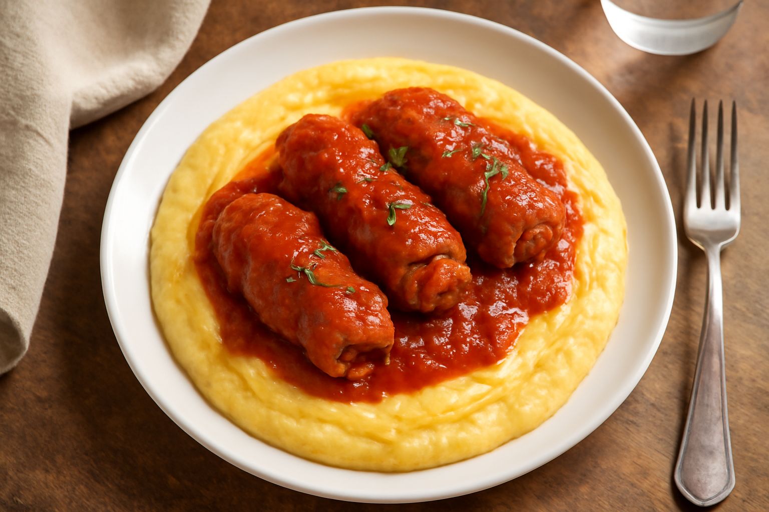 Piatto bianco con polenta cremosa giallo oro al centro, tre braciole arrotolatre scure ricoperte da sugo di pomodoro rosso vivo, guarnite con prezzemolo fresco verde