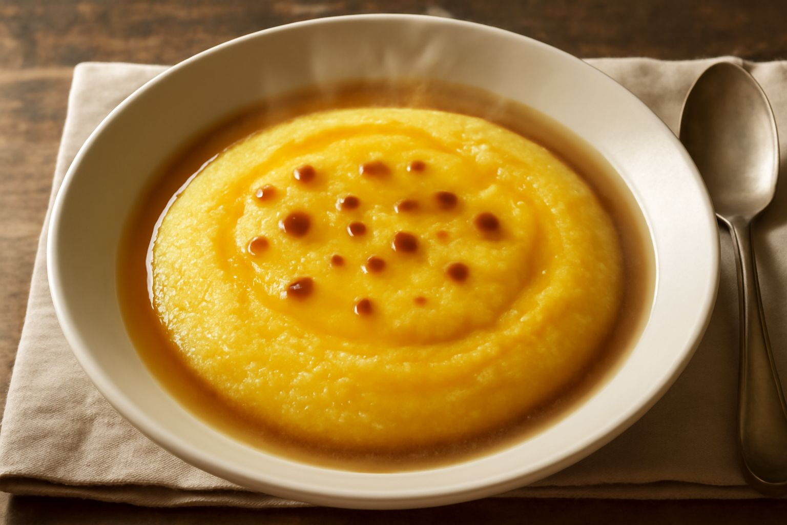 Piatto di polenta cremosa color giallo oro con brodo di carne scuro, servita in ciotola bianca, decorata con una goccia di brodo sulla superficie e un cucchiaio di legno accanto