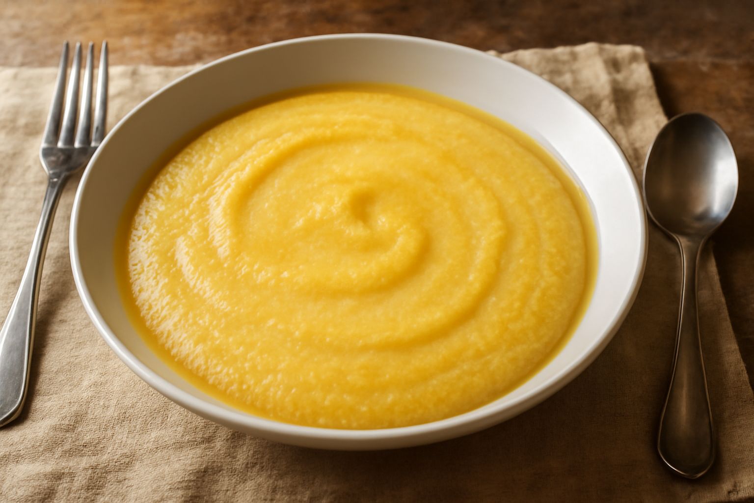 Ciotola di polenta cremosa giallo-dorato, servita in un piatto fondo bianco, con una ruga al centro dove riposa un cucchiaio di legno, vapore leggero sulla superficie, brodo trasparente che affiora ai