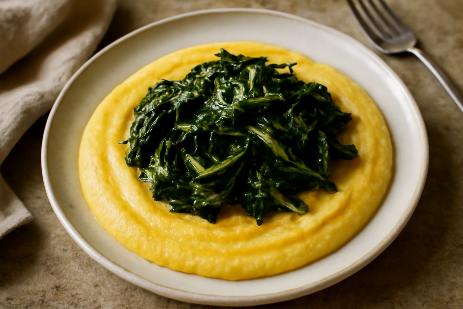 Polenta giallo intenso servita in piatto fondo bianco, decorata con cicoria scura ripassata, olio d'oliva lucido, peperoncino rosso in polvere, burro fuso visibile sulla superficie