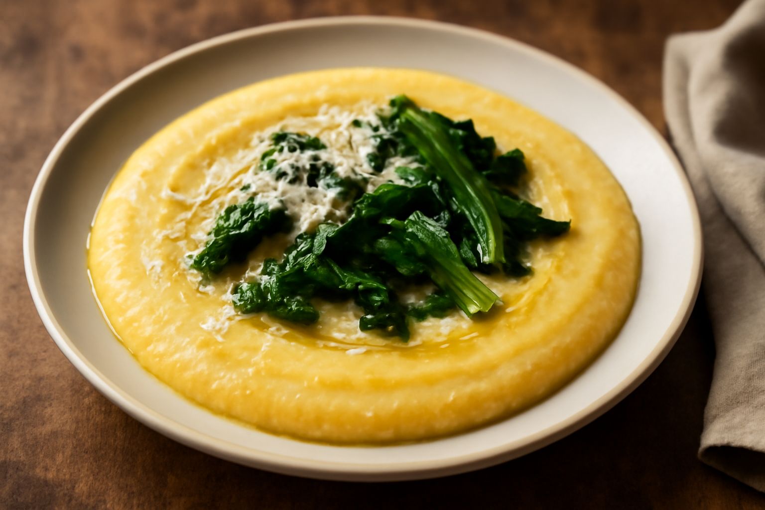 Polenta gialla cremosa in un piatto bianco, cosparsa di formaggio grattugiato e accompagnata da un cucchiaio di legno, con filo di olio d'oliva in superficie