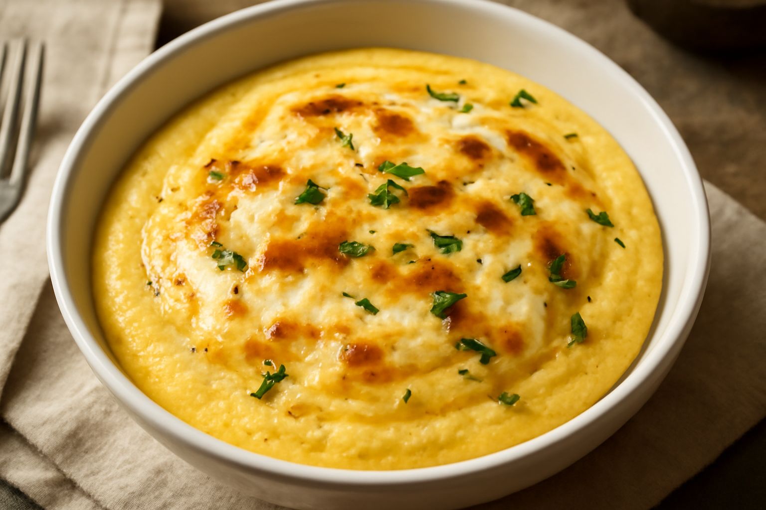 Polenta cremosa gialla in un piatto bianco, coperta di formaggio fuso color ambra, con gocce di burro brillante in superficie, contorno di prezzemolo verde fresco