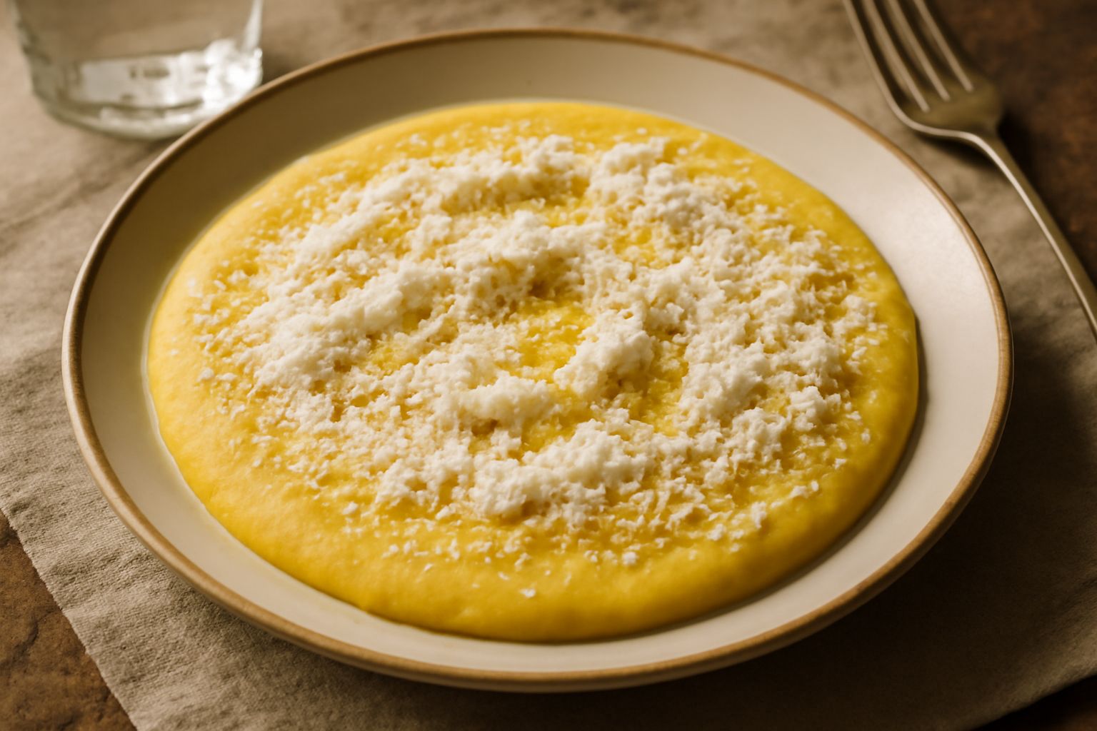 Polenta cremosa gialla in un piatto bianco, condita con formaggio grattugiato, burro fuso e erbe aromatiche fresche, impiattata con un mestolo in acciaio