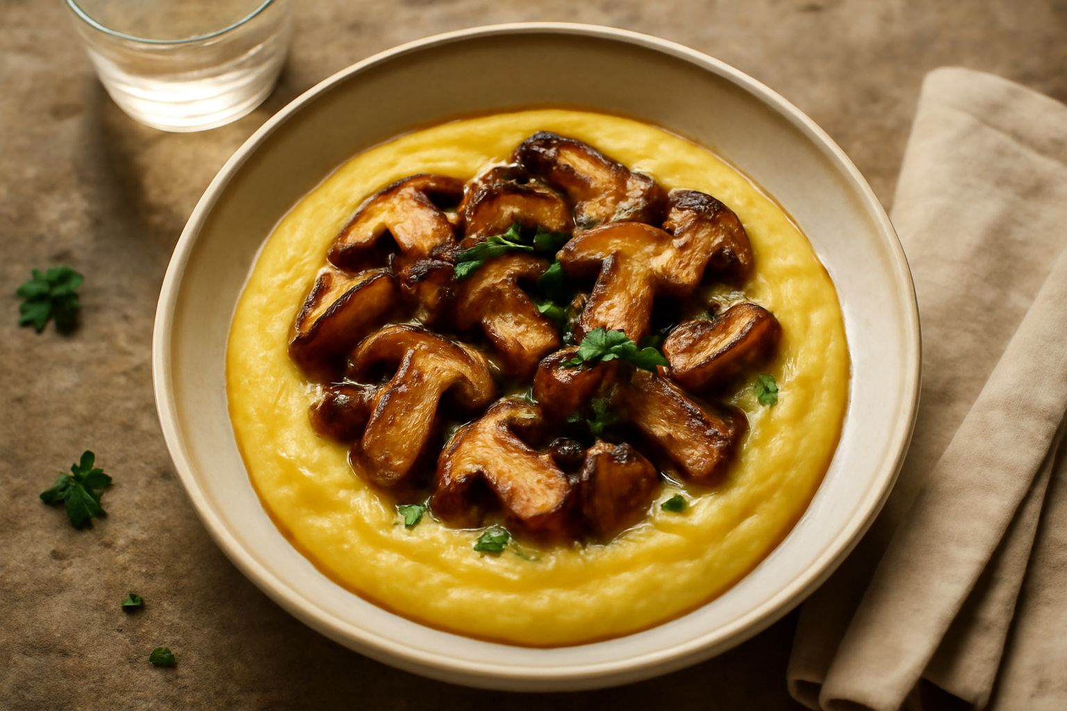Ciotola di polenta gialla cremosa condita con funghi porcini rosolati in burro, guarnita con prezzemolo fresco e una noce di burro al centro, su sfondo scuro