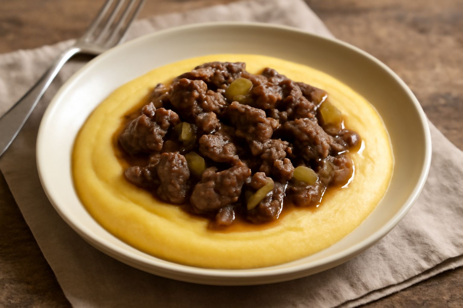 Piatto fondo bianco con polenta cremosa giallo pallido, coperta da fegati cotti in umido color marrone scuro con cipolla e sedano, guarnito con prezzemolo fresco verde