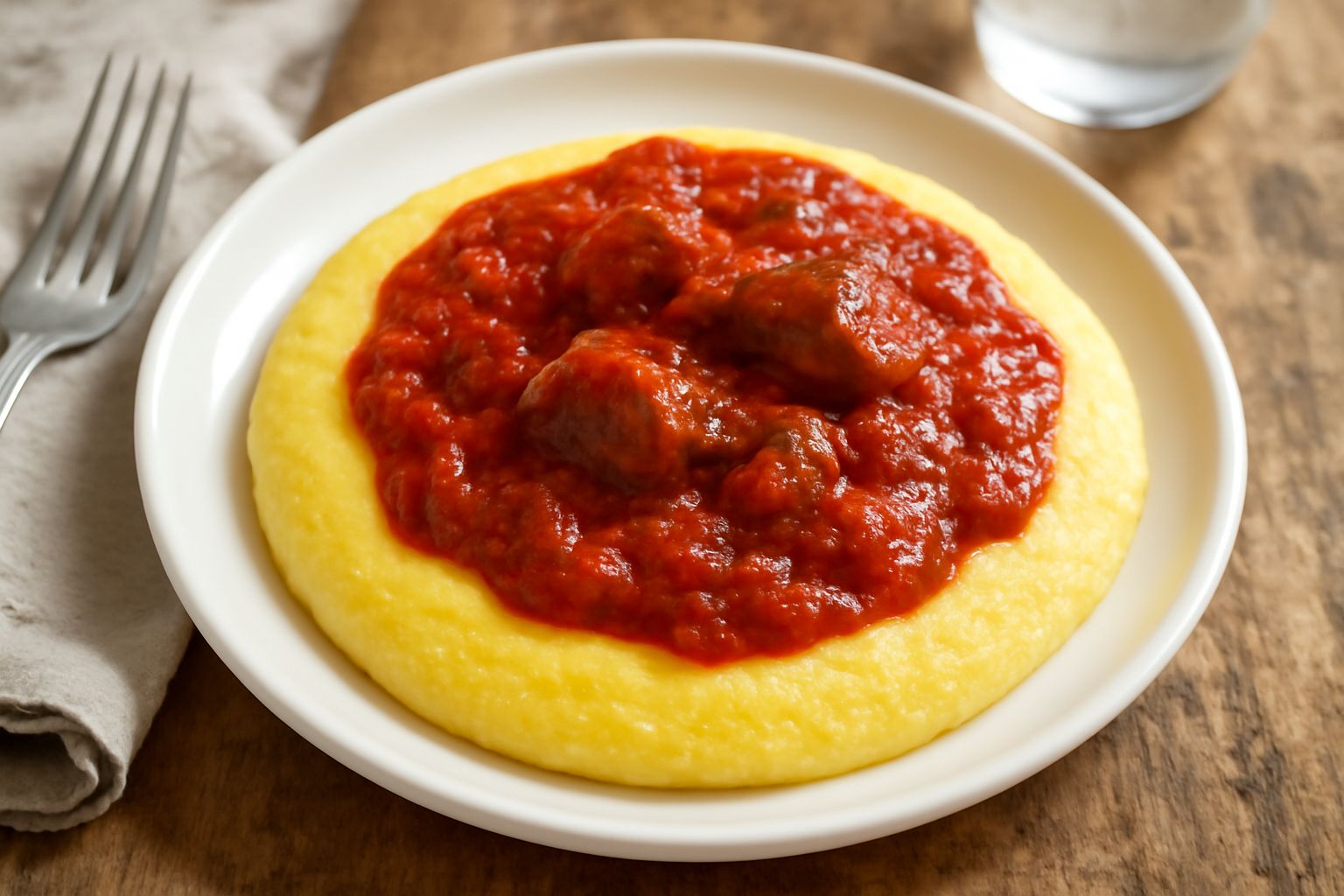Polenta cremosa gialla disposta nel piatto, coperta da sugo di carne rosso scuro e fumante, con una cucchiaiata di polenta ancora visibile, contorno di sugo che scende sui bordi