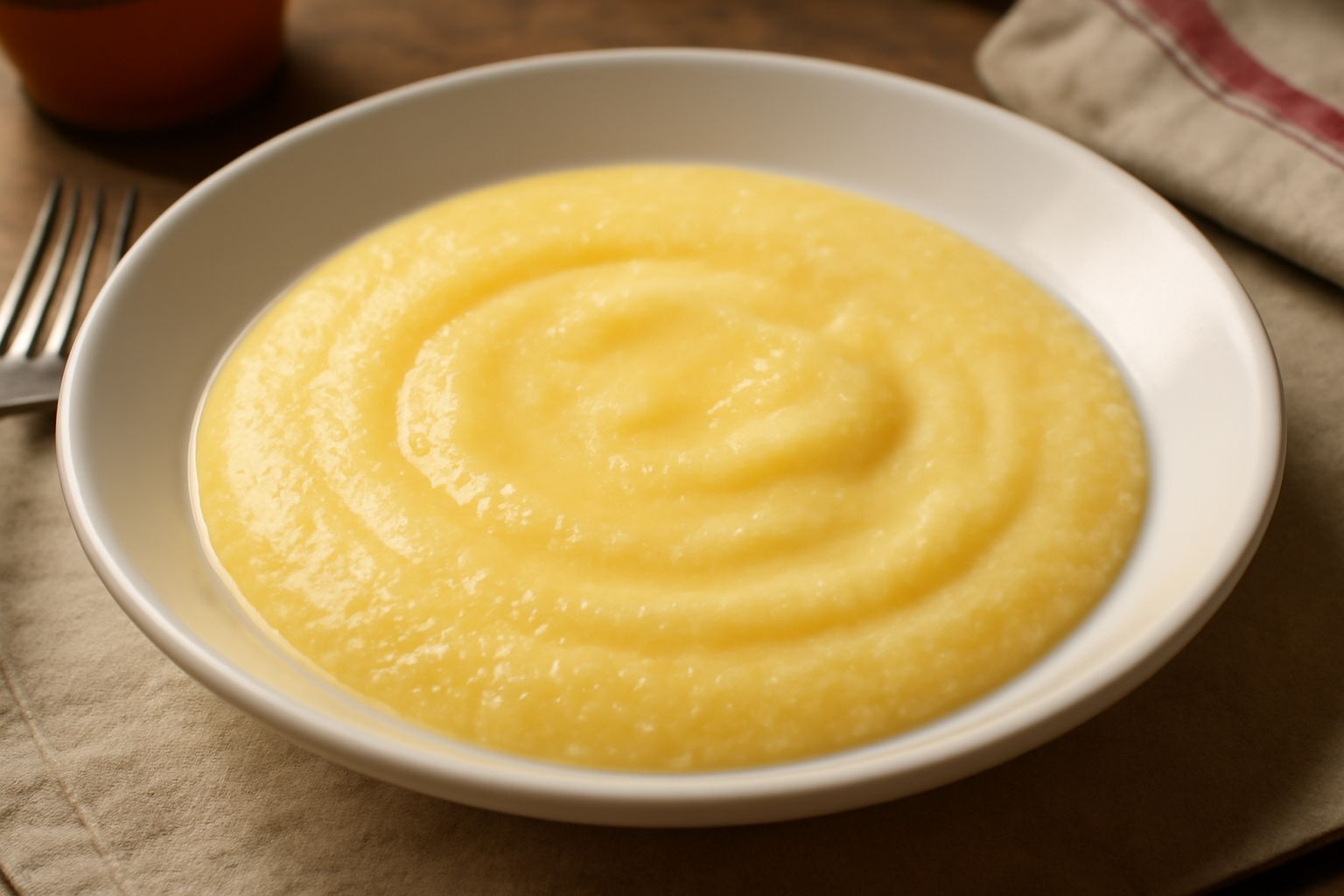 Ciotola di polenta gialla cremosa con superficie liscia e brillante, servita in un piatto fondo bianco, vapore ancora visibile dalla superficie, contorno di brodo e latte nella composizione