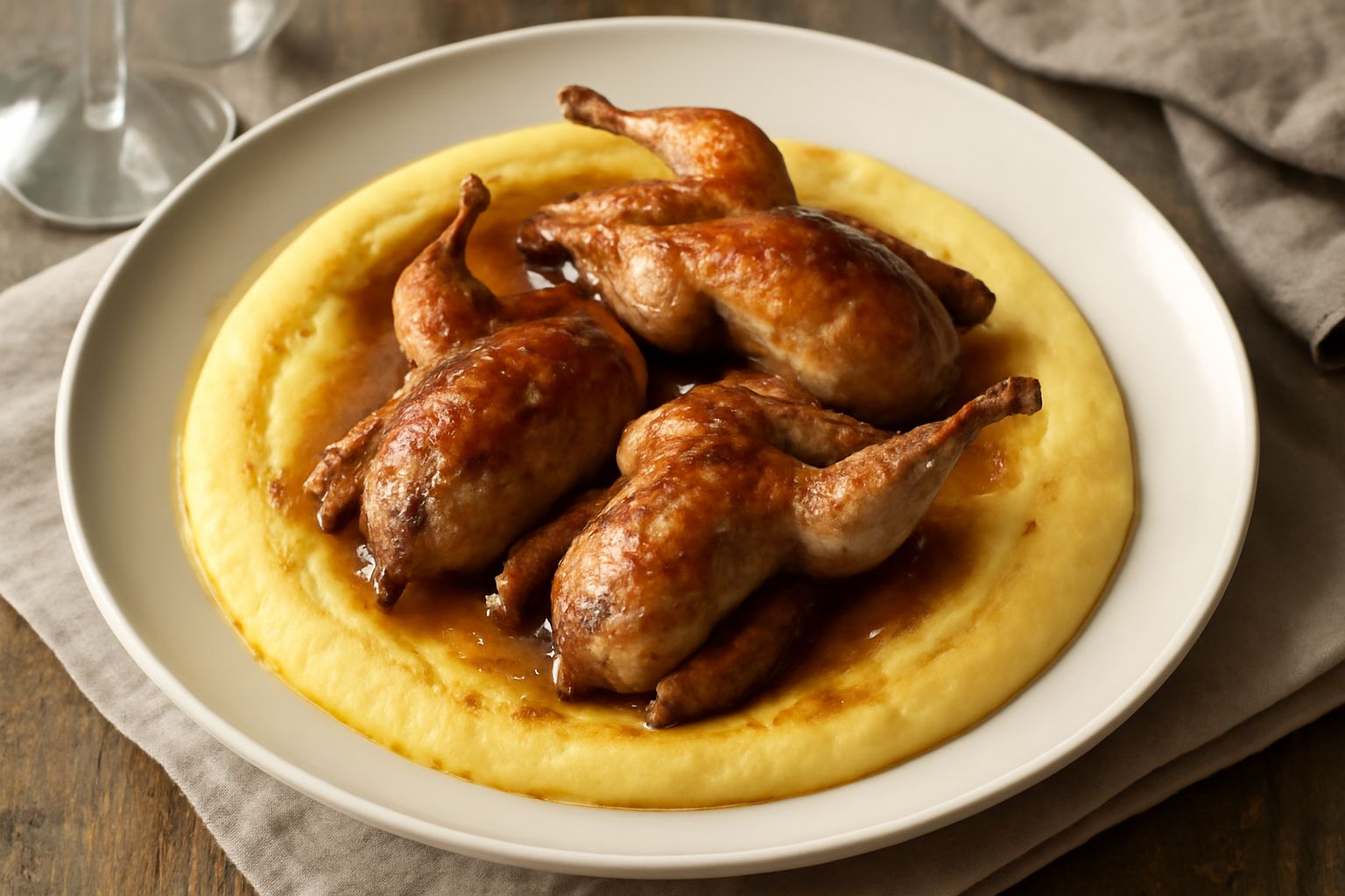 Piatto bianco con polenta cremosa gialla al centro, coperta da due quaglie intere arrostite dorate e croccanti, guarnite con rametti di rosmarino fresco e gocce di olio extravergine