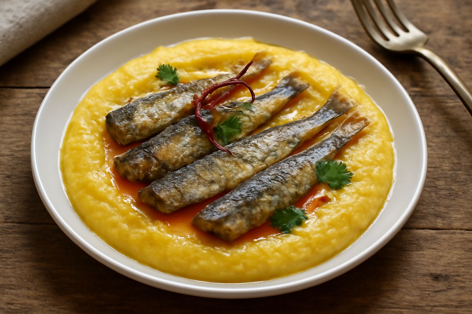 Piatto di polenta cremosa giallo intenso, liscia e lucida, condita con sardelle intere dorate e salsa di olio rosso, guarnita con prezzemolo fresco verde, servita in un piatto bianco ampio