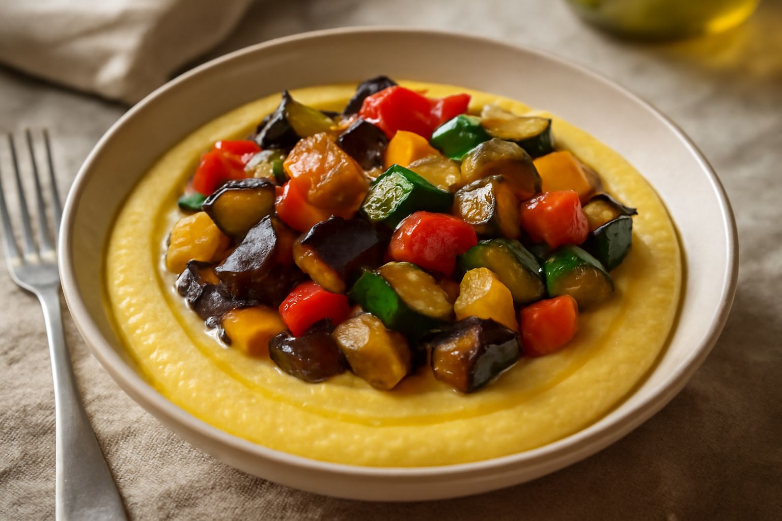 Polenta cremosa di colore giallo dorato servita in piatto fondo bianco, coperta da verdure di stagione saltate in colori vivaci: melanzane viola, zucchine verde scuro, peperoni rossi e gialli, cipolla