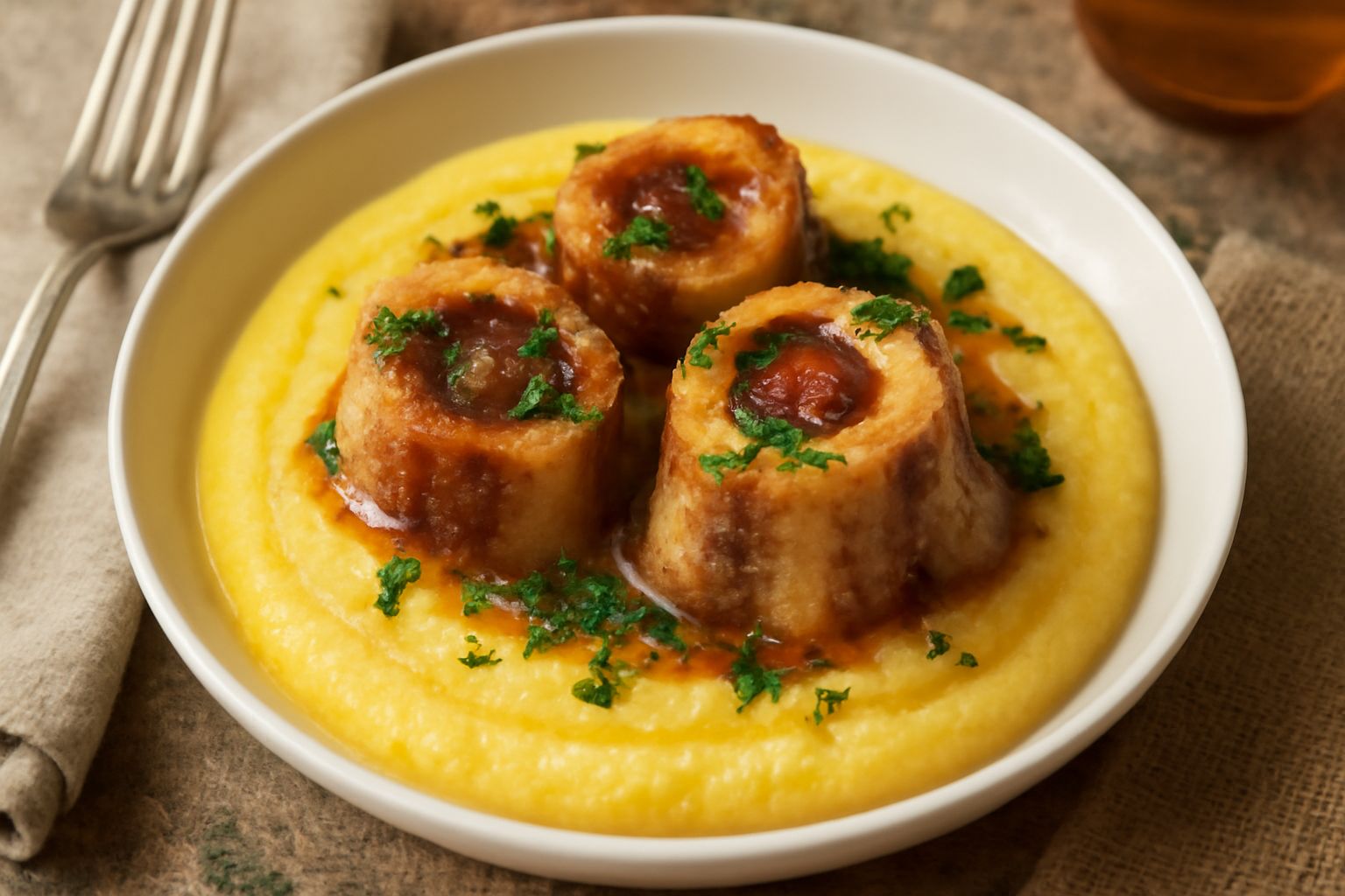 Polenta cremosa di colore giallo dorato in un piatto fondo bianco, condita con pezzi di osso di midollo rosato, gambi di prezzemolo fresco verde sulla superficie, cucchiaio di legno appoggiato al bord