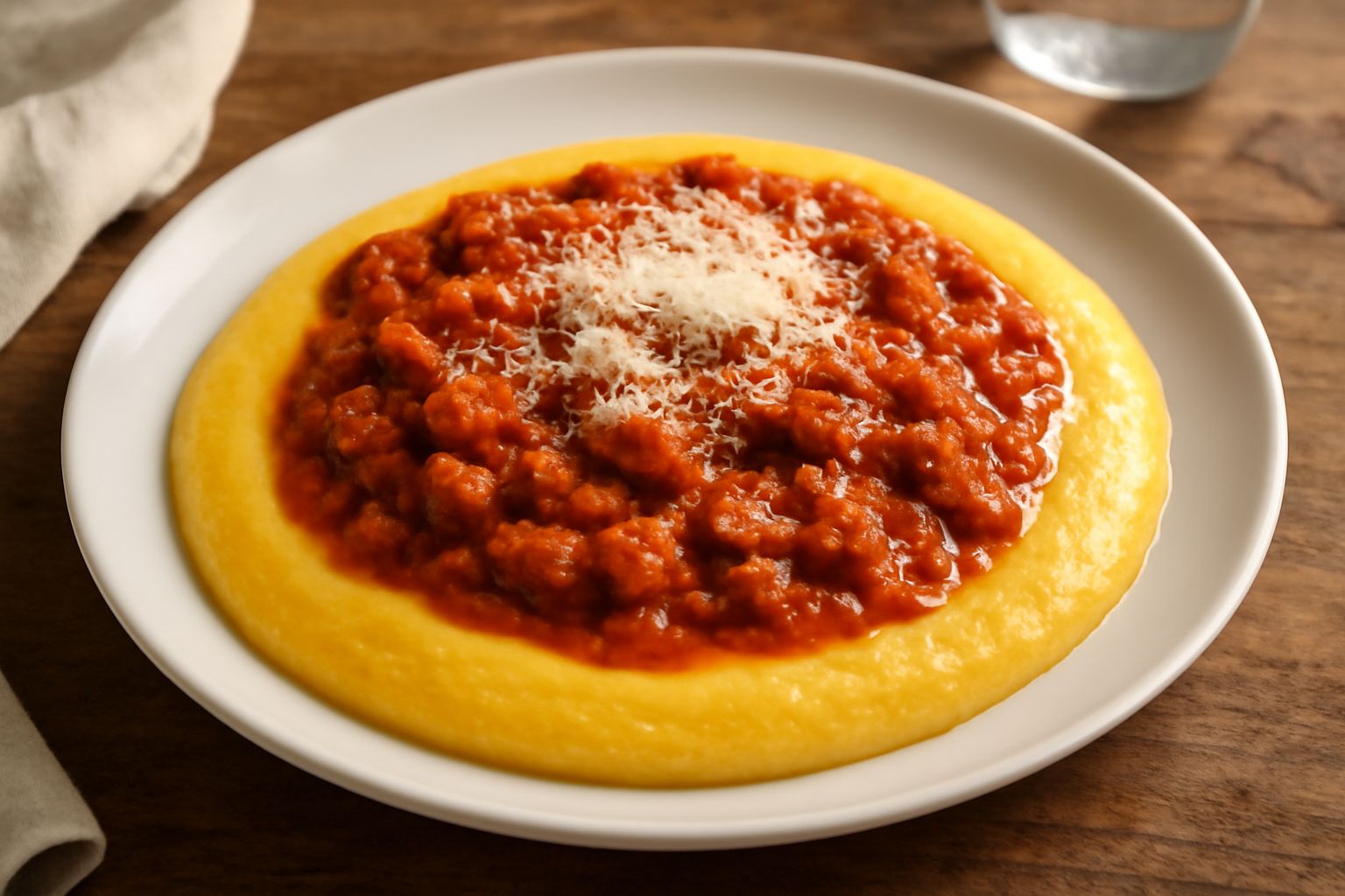 Piatto fondo con polenta giallo oro cremosa, coperta da ragù rosso scuro con pezzetti di carne, grattugia di formaggio bianco sulla superficie, cucchiaio di legno appoggiato al bordo