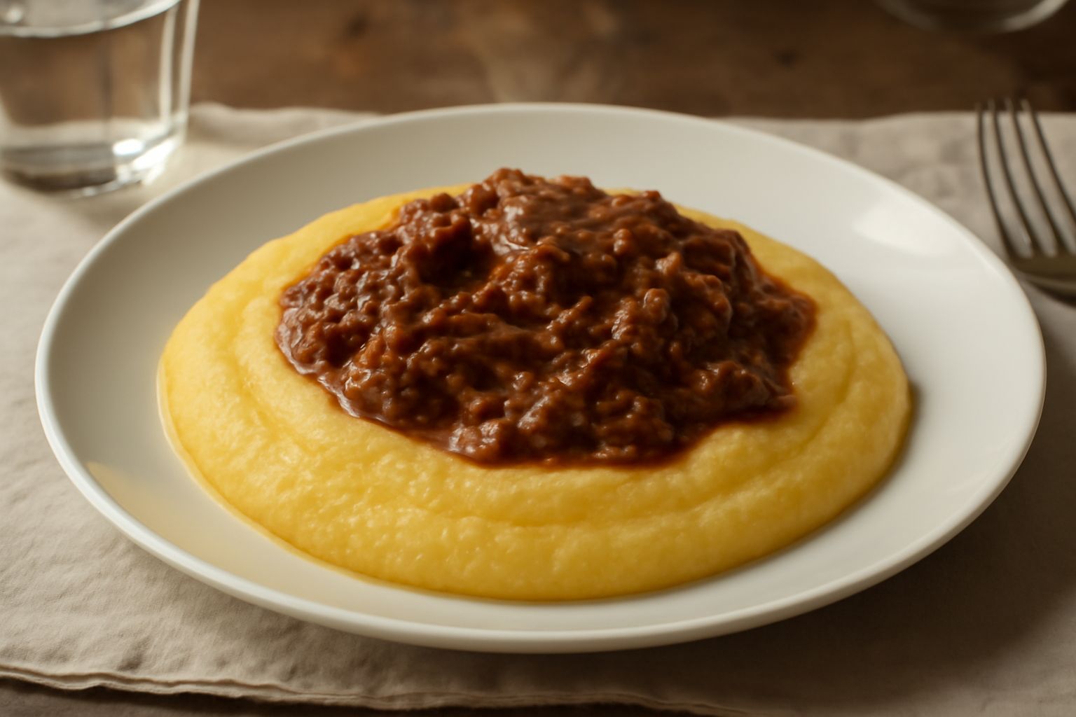Piatto di polenta cremosa color avorio con ragù d'anatra scuro e denso versato sopra, guarnito con una fogliolina di prezzemolo, contorno bianco latteo del piatto