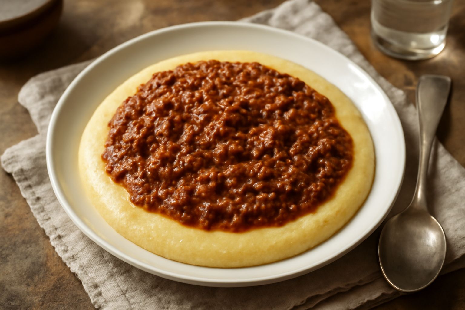 Polenta gialla cremosa in piatto bianco, ricoperta da ragù di carne di colore marrone scuro, con salsa densa e pezzetti di carne visibili, guarnita con formaggio grattugiato