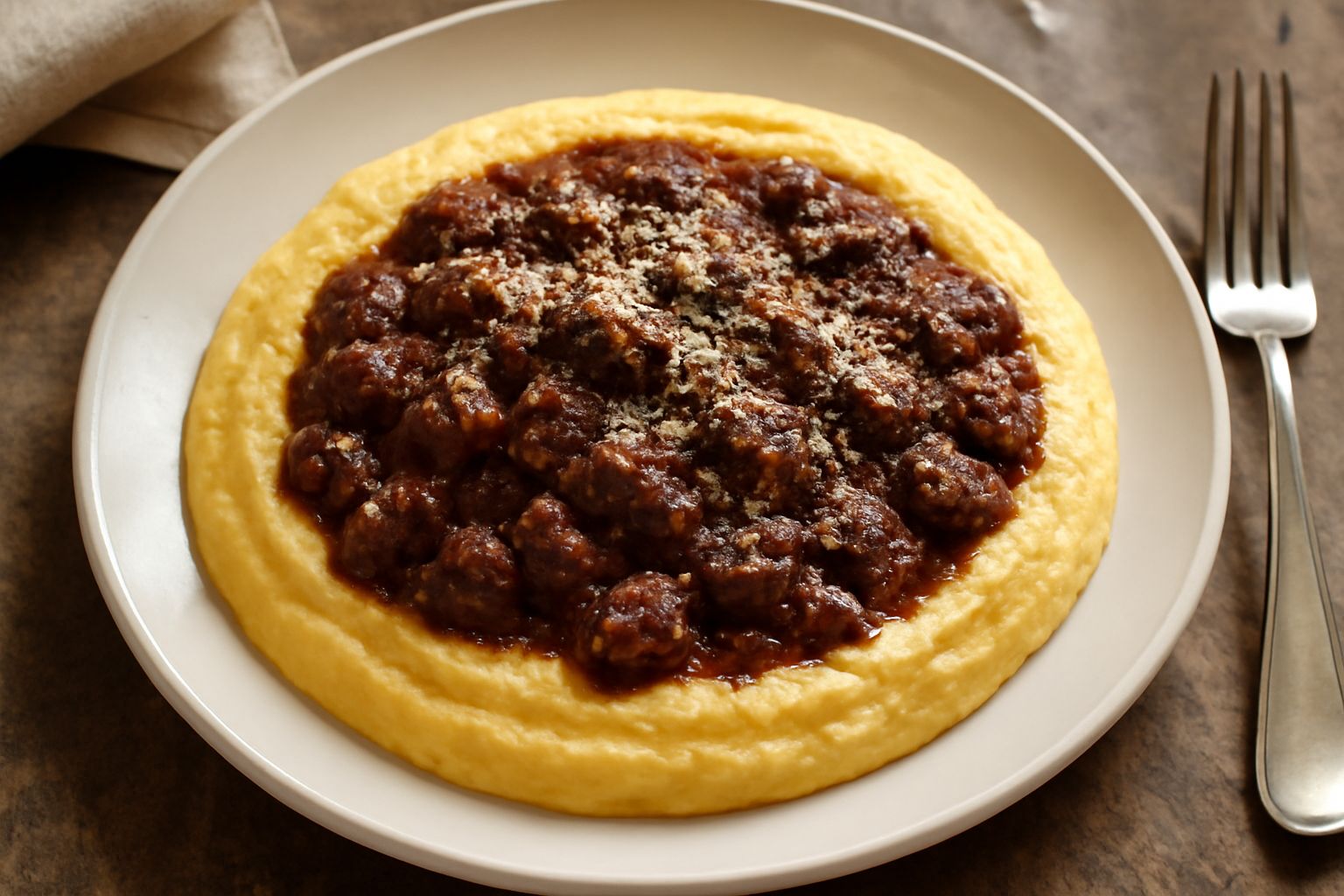 Piatto bianco con polenta cremosa di colore giallo dorato, coperta da ragù bruno scuro e denso fatto con frattaglie, guarnito con prezzemolo fresco verde e una grattugia di parmigiano giallo