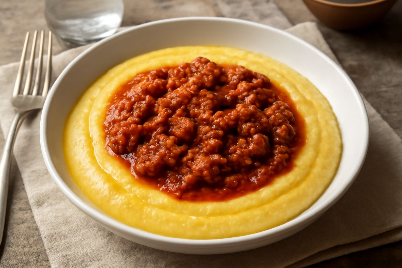 Piatto bianco con polenta cremosa gialla imburrata in fondo, coperta da ragù di salsiccia marrone scuro denso, con gocce di olio in superficie e formaggio grattugiato bianco ai lati
