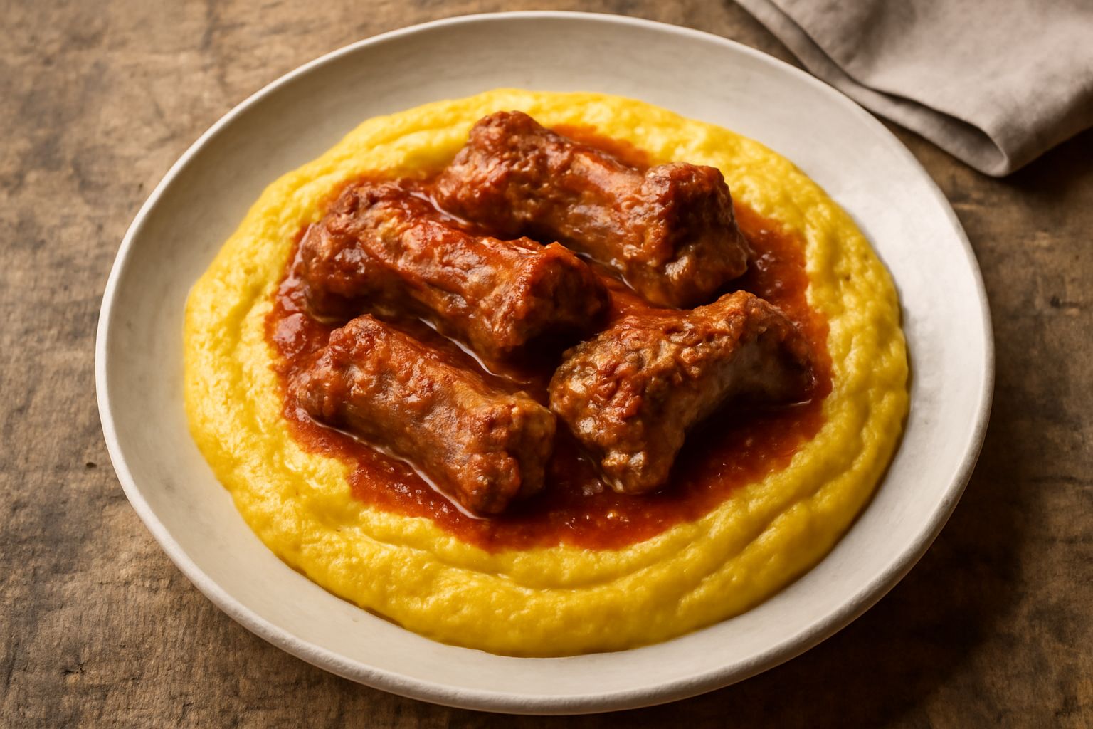 Un piatto di ceramica bianca con polenta cremosa giallo oro, condita con pezzetti di carne di maiale cotta nel brodo rosso-marrone, guarnita con un filo di olio e parmigiano grattugiato