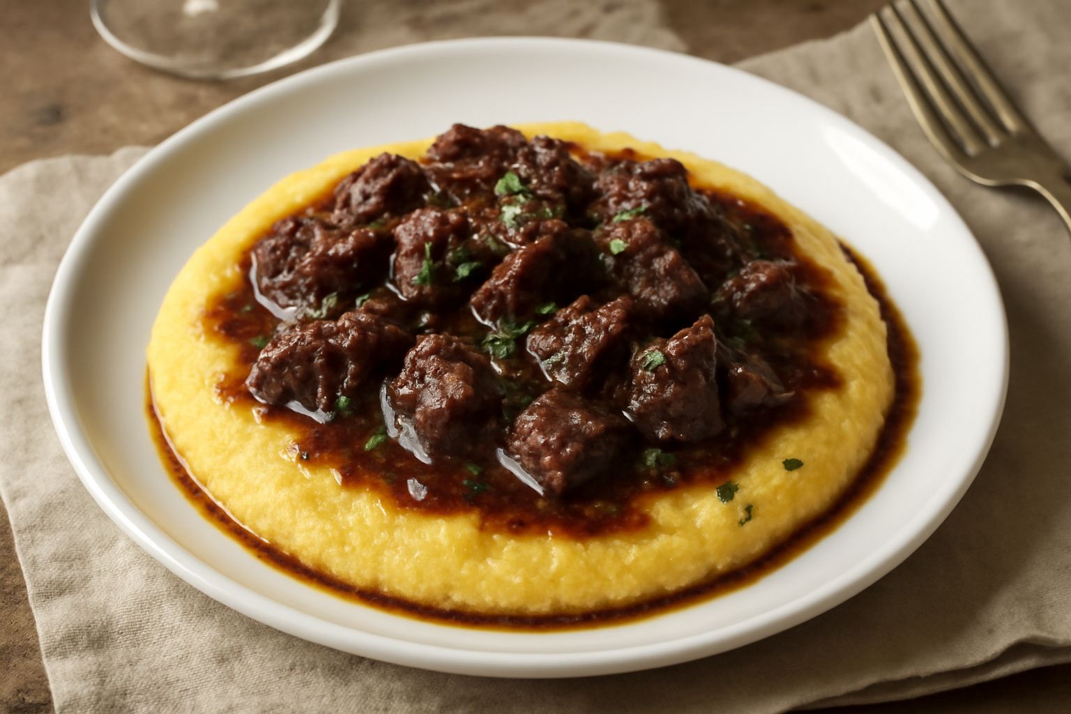 Piatto di polenta gialla cremosa al centro, condita con sugo di caccia scuro e denso, guarnito con prezzemolo tritato, su fondo bianco.