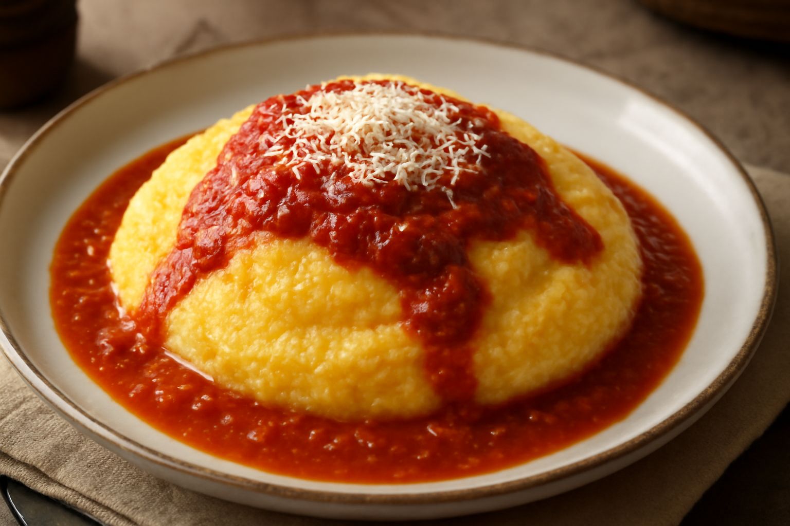 Polenta cremosa gialla servita in un piatto fondo, coperta da sugo di pomodoro rosso scuro con piccoli frammenti di basilico fresco, con un cucchiaio di legno appoggiato sul bordo