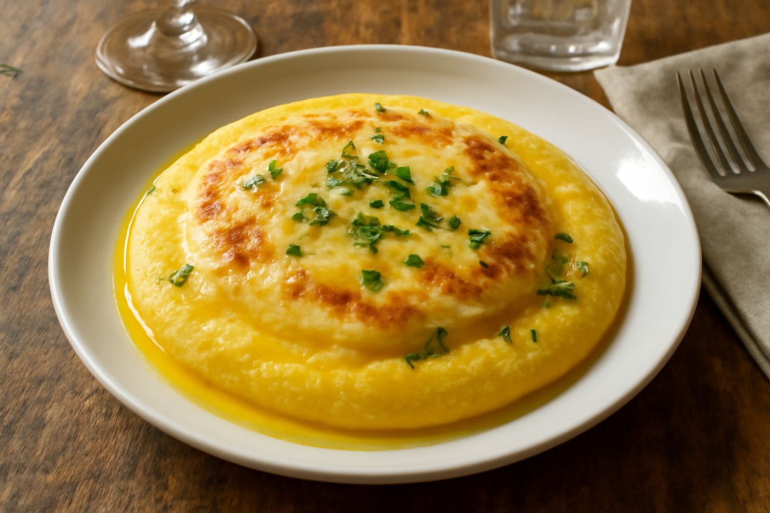 Piatto fondo bianco con polenta gialla cremosa, ricopertura di formaggio fuso color ambra, gocce di burro fuso che scendono, guarnizione di prezzemolo fresco, cucchiaio di legno appoggiato sul bordo