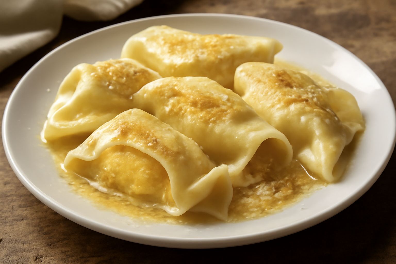 Piatto bianco con ravioli ripieni di polenta cremosa gialla, ricoperti di burro fuso e briciole di formaggio grattugiato, con tracce di burro dorato attorno