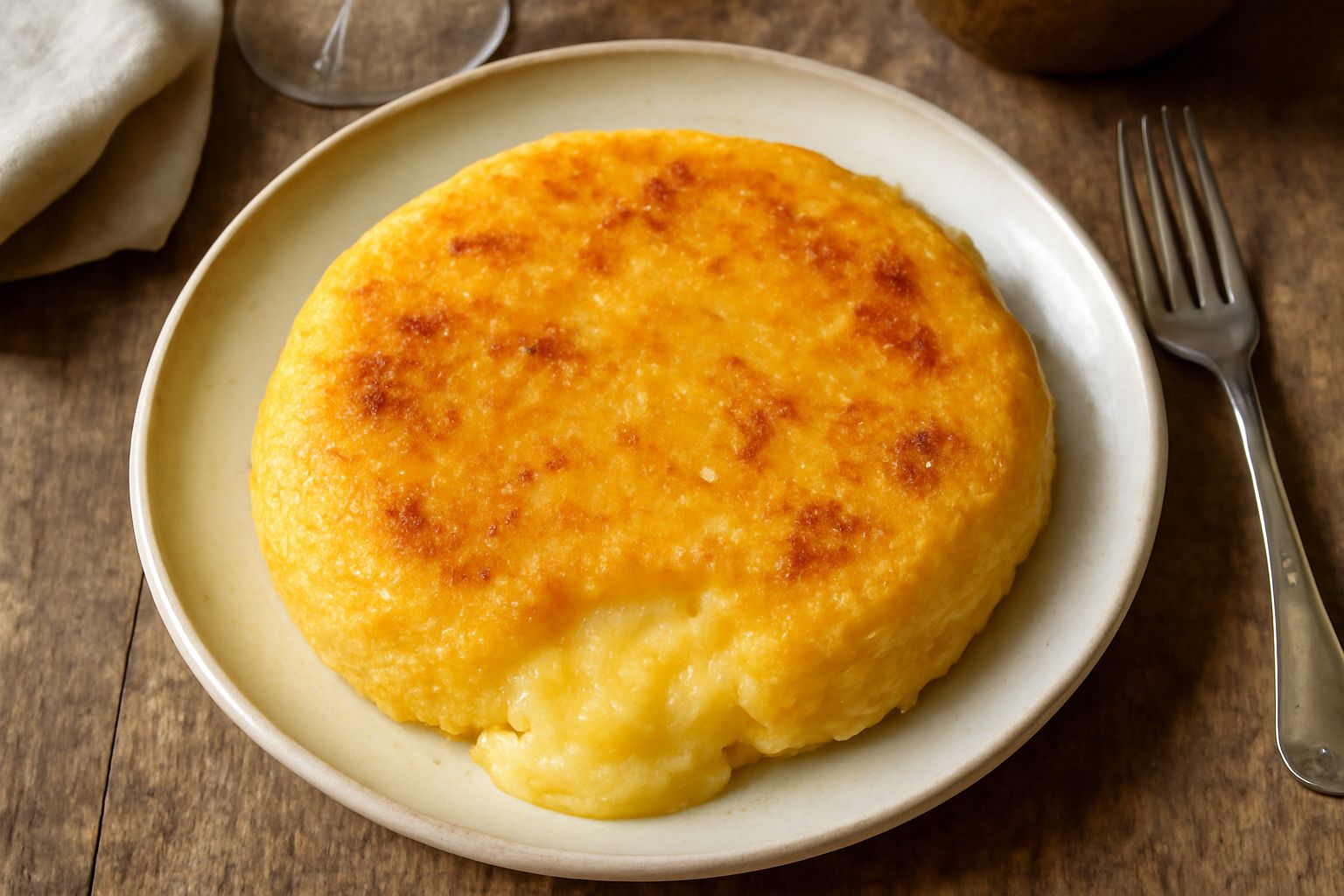Polenta concia in crosta servita in piatto bianco, con superficie dorata e croccante, burro fuso visibile, formaggio grattugiato giallo, vapore ancora caldo