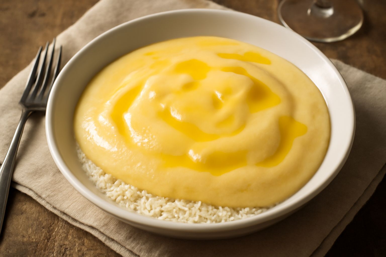 Polenta concia bianca e cremosa in piatto fondo, condita con fontina filante, burro dorato e formaggio grattugiato, vapore ancora visibile
