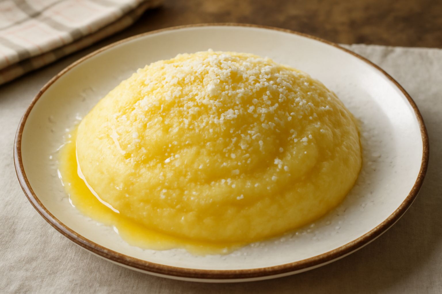 Polenta gialla cremosa nel piatto bianco, condita con burro dorato che si scioglie, spolverata di formaggio grattugiato bianco, con un cucchiaio di legno accanto e vapore che sale