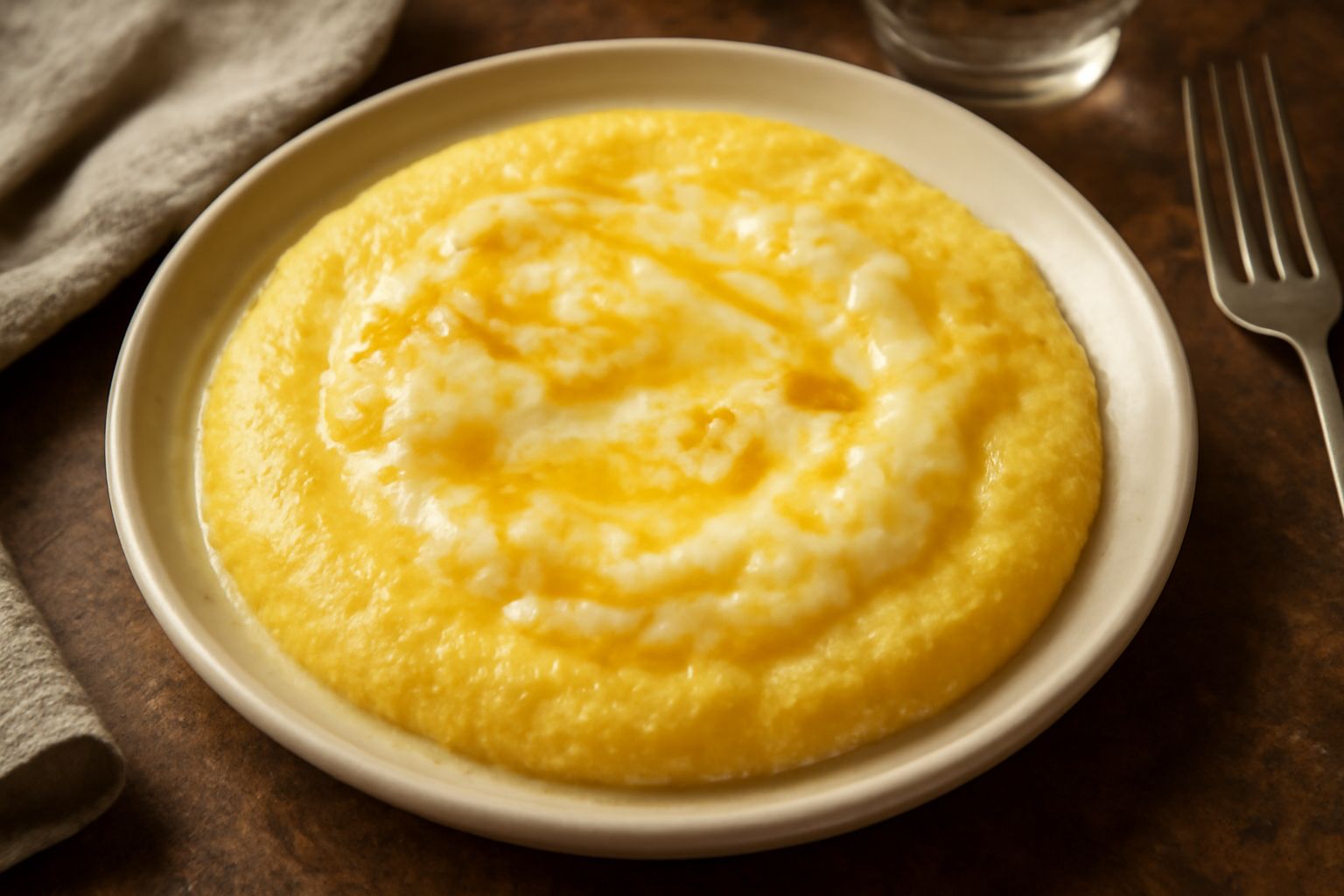 Un piatto fondo di polenta gialla cremosa, stratificato con formaggio filante color crema, burro dorato visibile in superficie, guarnito con pepe nero macinato fresco