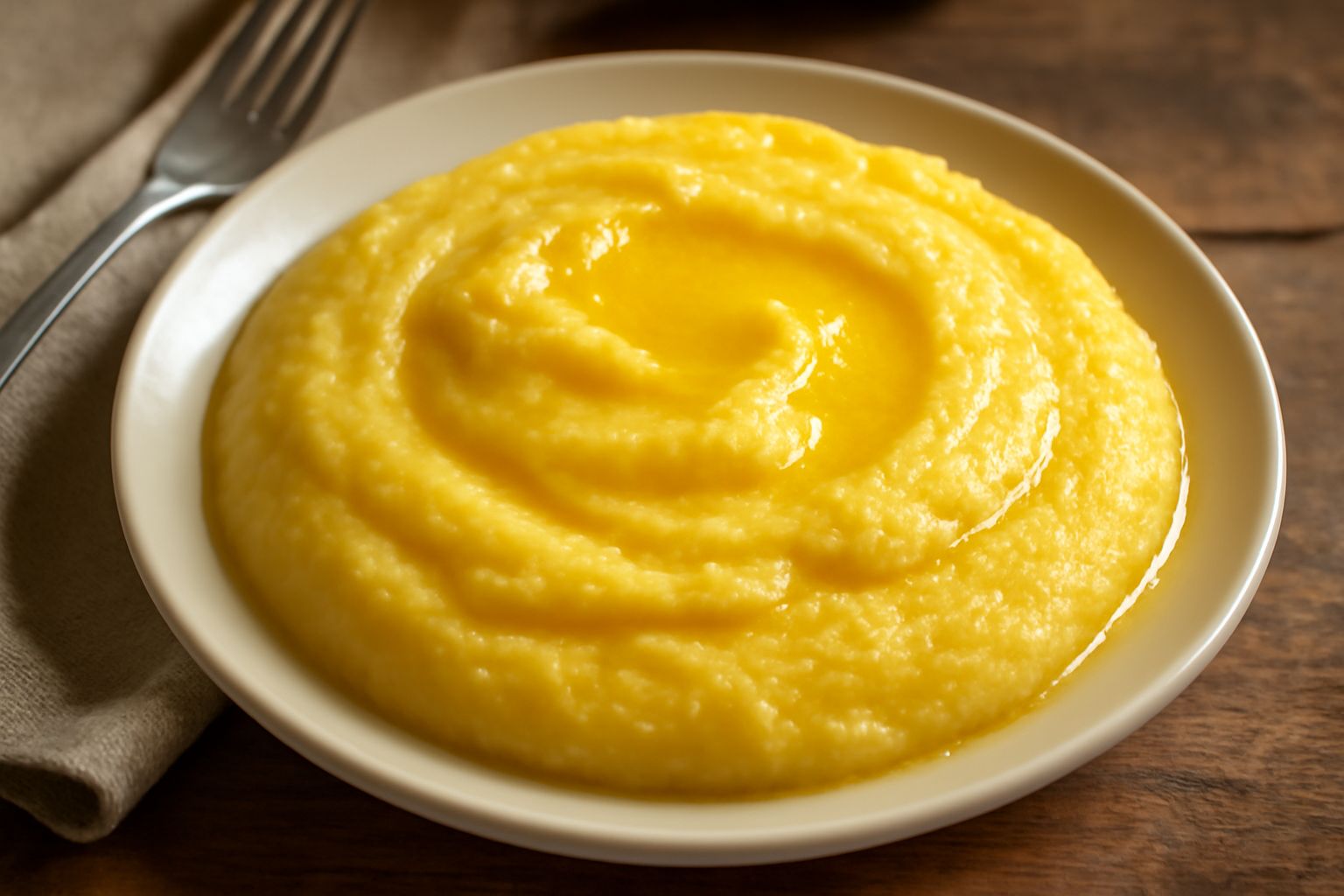 Una ciotola di polenta cremosa color oro, con una fontana di burro fuso al centro e grattugia di formaggio giallo sparso in superficie, vapore che sale dal piatto