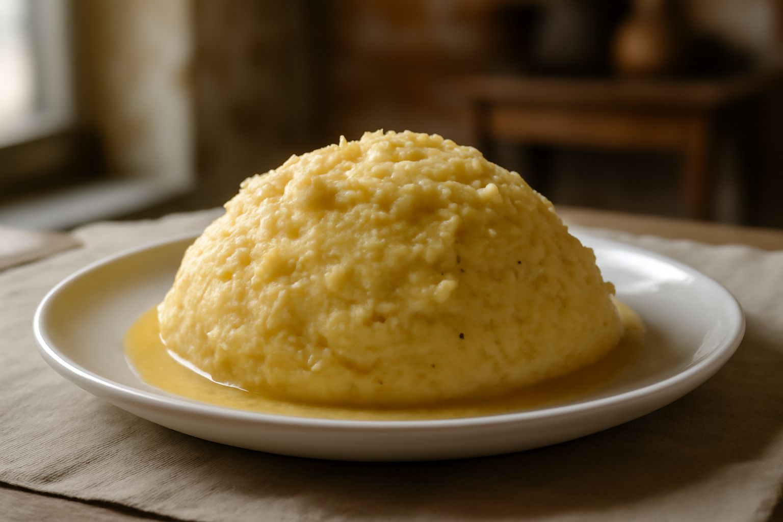 Piatto di polenta cremasca cremosa di colore giallo-oro con burro fuso in superficie, in una ciotola di ceramica bianca