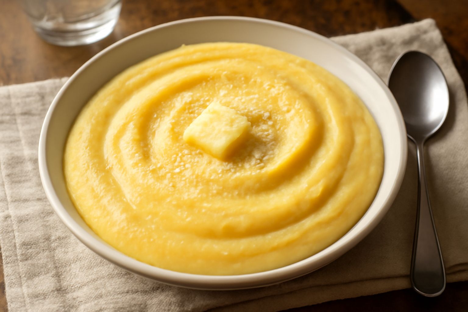 Polenta cremosa di color giallo dorato in un piatto fondo bianco, con una ondulazione morbida sulla superficie, condita con burro e formaggio grattugiato che si scioglie in rivoli, accanto un cucchiai