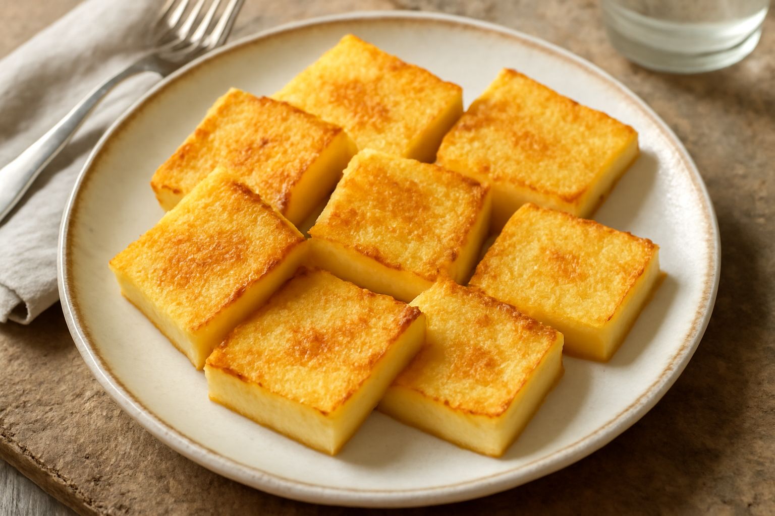 Fette di polenta dorata e croccante servite nel piatto, cosparse di parmigiano grattugiato e accompagnate da salsa di pomodoro rosso scuro, con contorno di verdure verdi sfumate