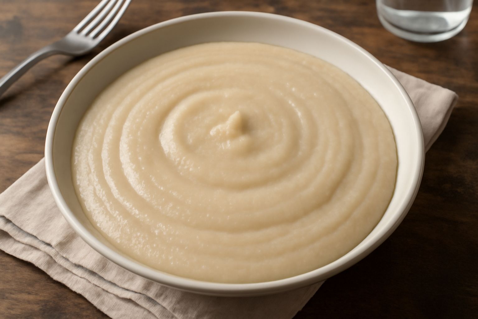 Una ciotola bianca con polenta di avena cremosa di colore beige chiaro, liscia e brillante, guarnita con un filo di olio extravergine d'oliva e un pizzico di sale in superficie
