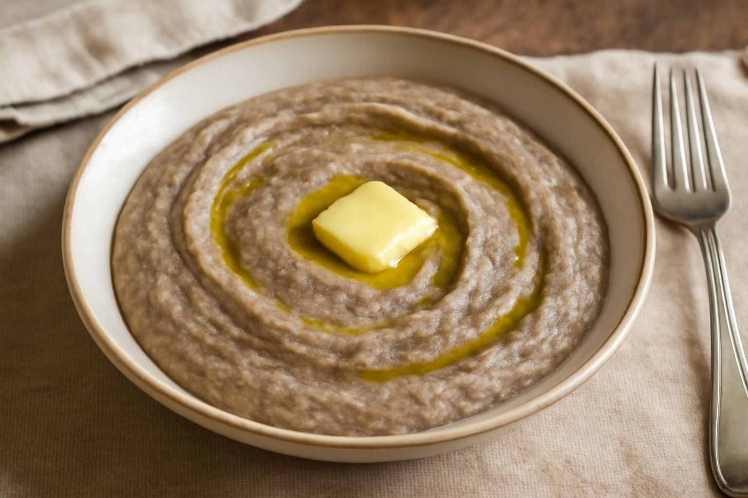 Una ciotola di polenta di grano saraceno cremosa color grigio-beige, ondulata al centro, servita con una noce di burro che si scioglie in superficie e un filo di olio d'oliva