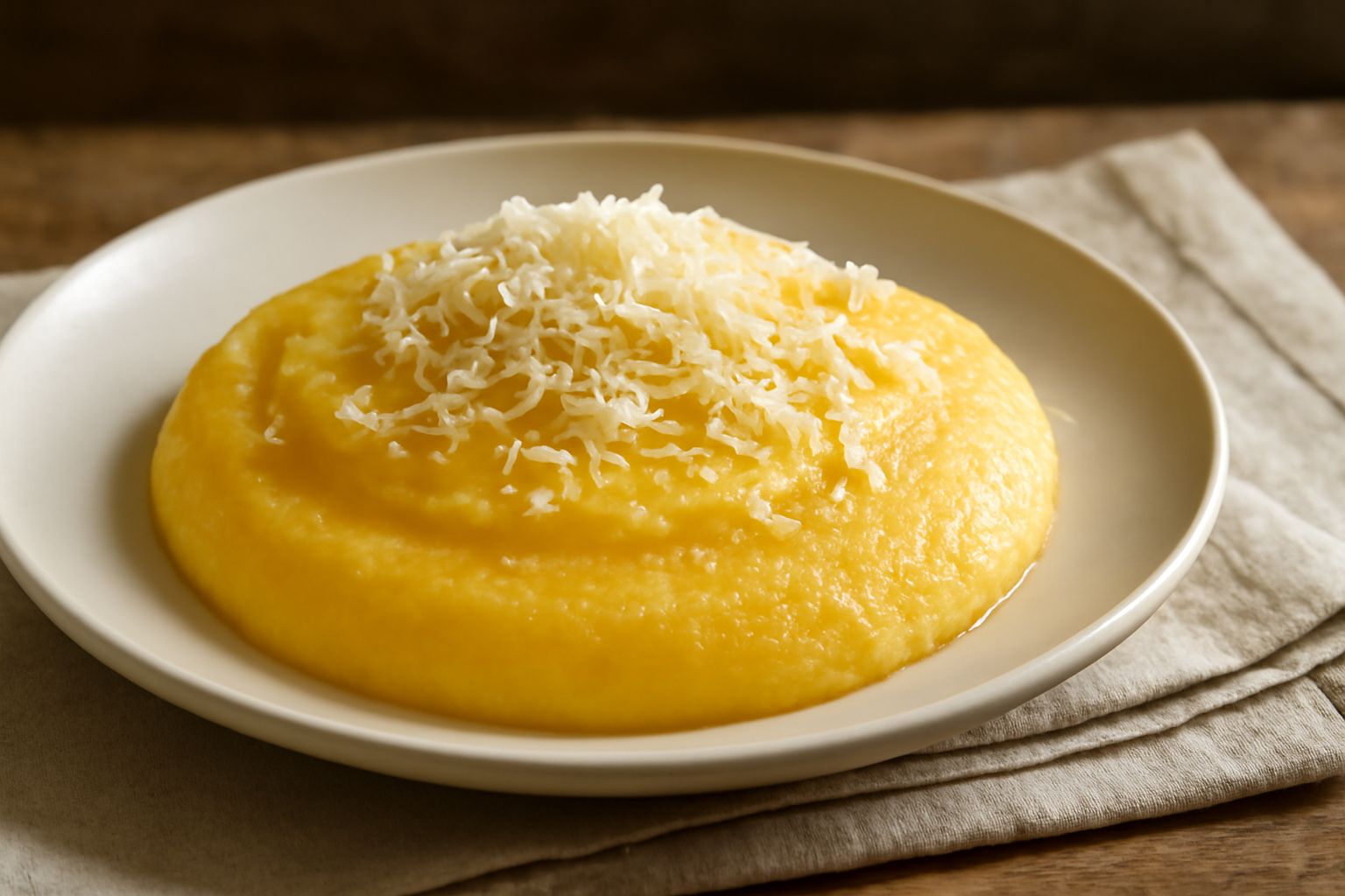 Polenta di granturco cremosa giallo oro in piatto bianco, servita con burro fuso e grana grattugiato, vapore ancora visibile