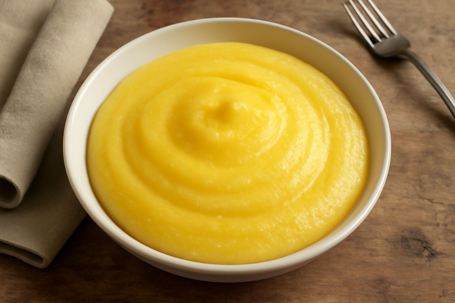 Una ciotola di polenta dolce giallo oro, cremosa, con la superficie liscia e lucida, guarnita con un filo di miele e una spolverata di cannella, servita in una tazza bianca