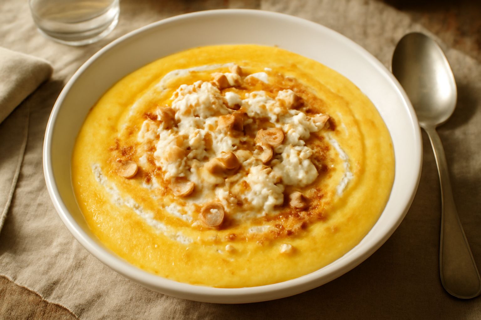 Una ciotola di polenta gialla cremosa con cucchiaio di legno, ricotta bianca spalmata in superficie, miele color ambra che cola, mandorle sminuzzate e cannella in polvere
