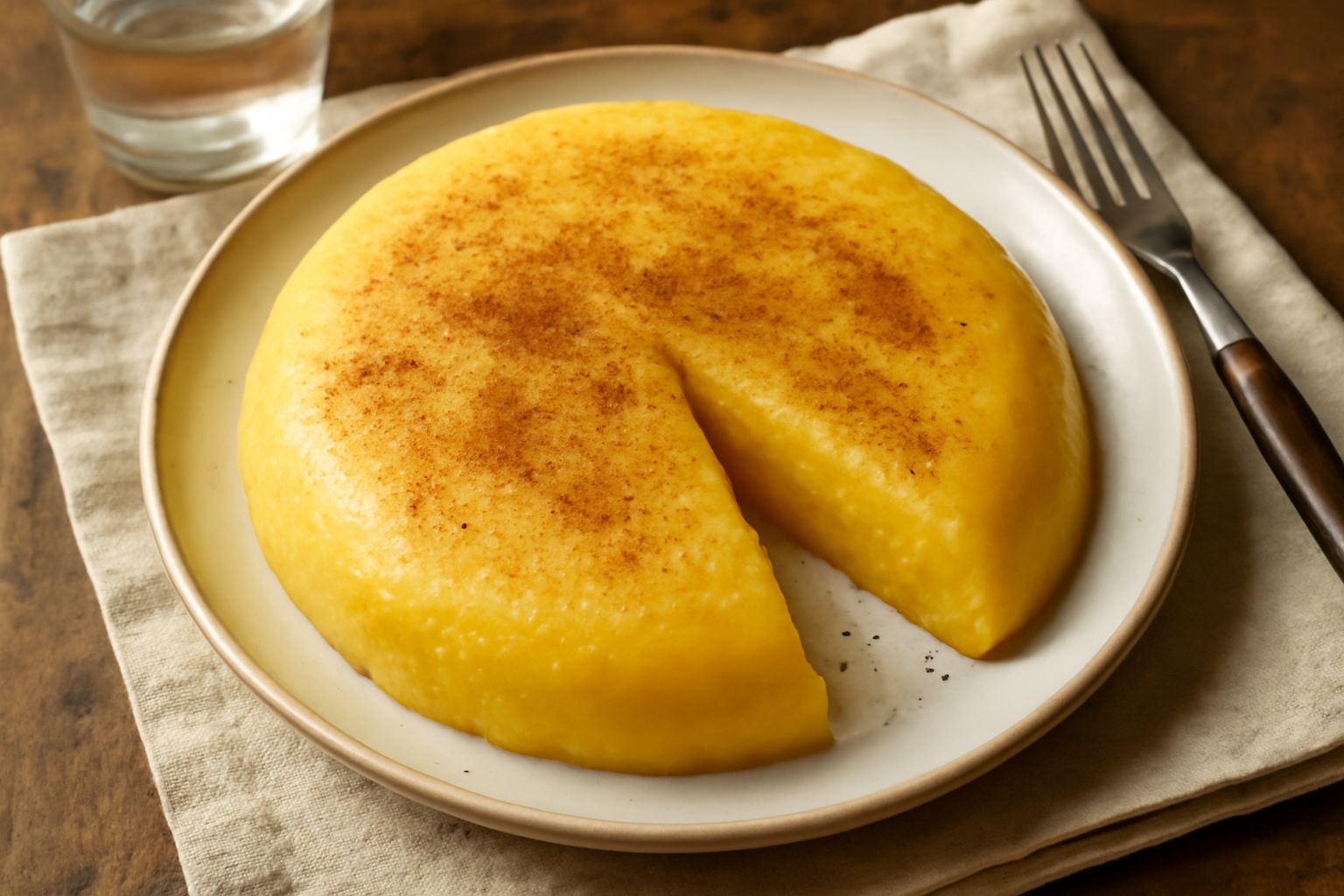 Polenta dolce cremonese servita in piatto bianco, di colore giallo dorato, cremosa e morbida, con una pallina di gelato vaniglia, ricoperta di cannella macinata, cucchiaio posato accanto