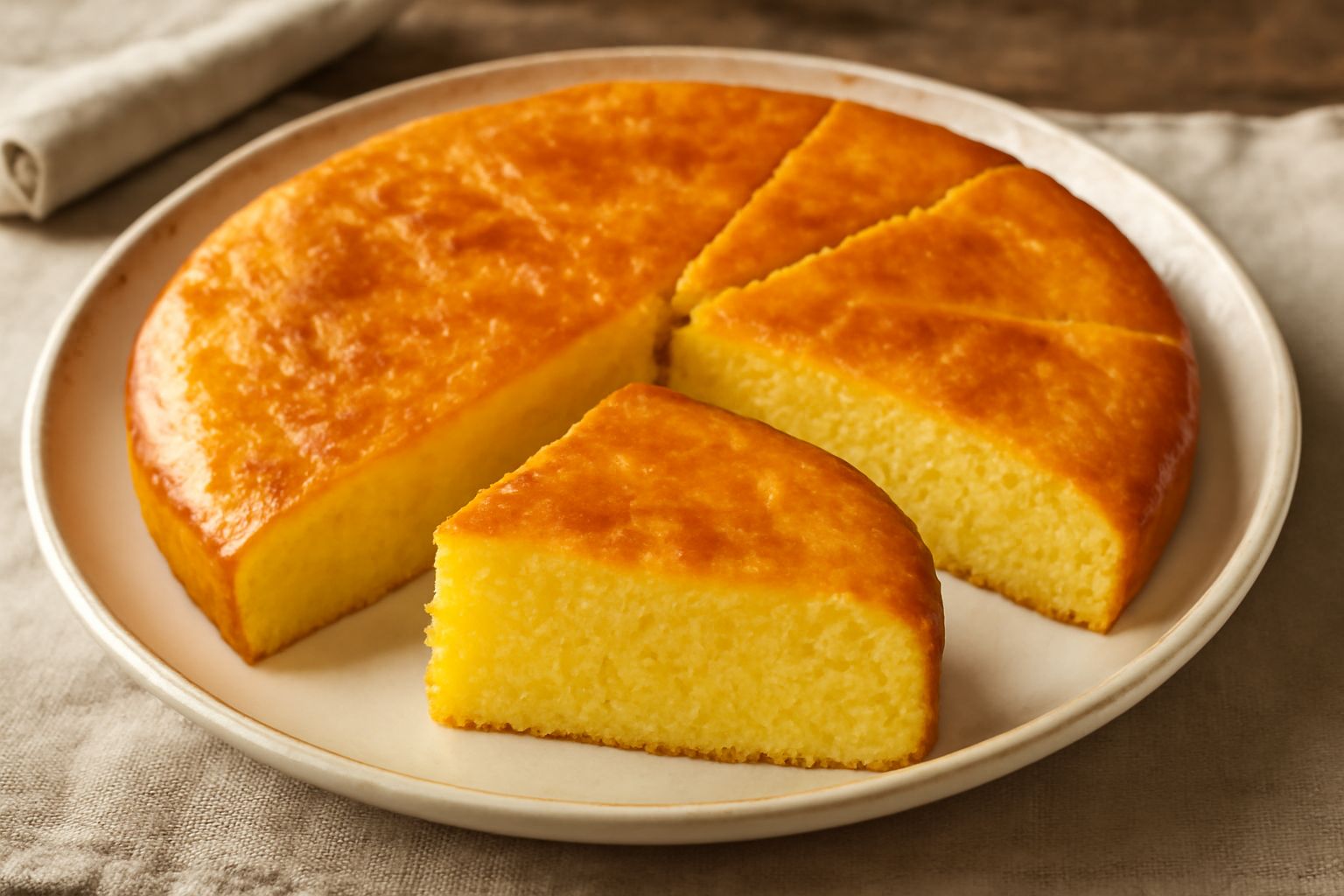 Polenta dolce lievitata dorata, tagliata a fette, con superficie croccante color oro e interno morbido e giallastro, servita su piatto bianco