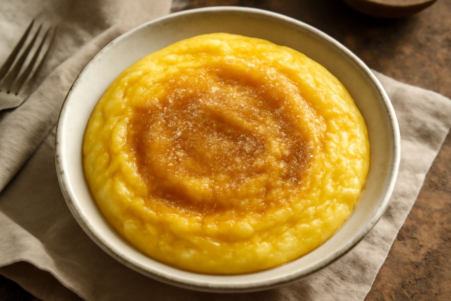 Polenta dolce gialla cremosa in una ciotola bianca, ricoperta di burro fuso, zucchero e cannella, con un cucchiaio di legno appoggiato a lato su un tavolo di legno naturale