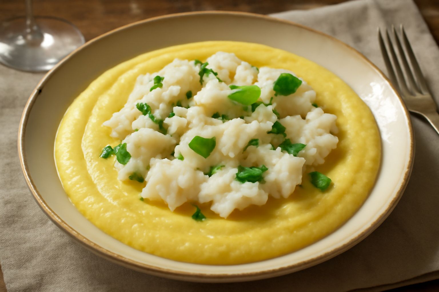 Un piatto di polenta cremosa giallo pallido con sopra filetti di baccalà bianco spezzettato, decorato con prezzemolo verde tritato e un filo di olio di oliva, servito in un piatto fondo di ceramica gr